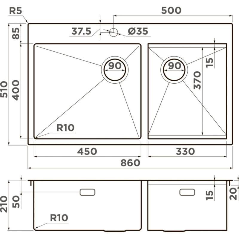 Кухонная мойка Omoikiri Akisame 86-2 Side-LG 4997048 86x51 см, светлое золото